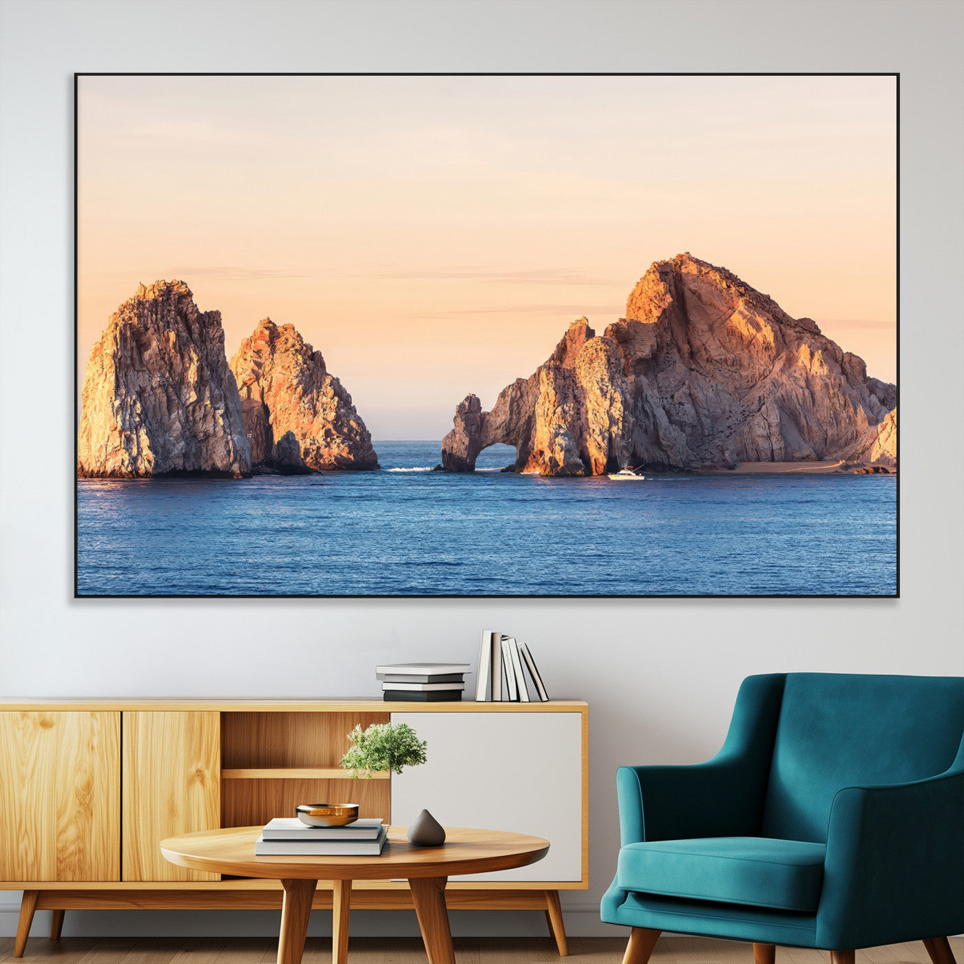 Framed canvas of El Arco rock formation in Cabo San Lucas at golden hour, ideal for coastal landmark or ocean-inspired decor.