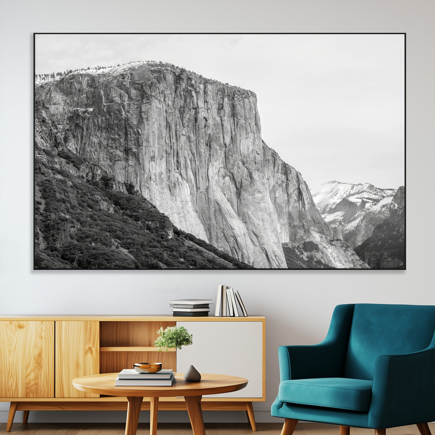 Monochrome canvas of El Capitan’s granite wall in Yosemite with snowy peaks, ideal for dramatic mountain or black-and-white nature decor.
