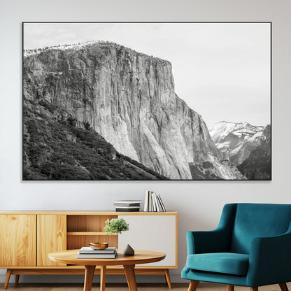 Monochrome canvas of El Capitan’s granite wall in Yosemite with snowy peaks, ideal for dramatic mountain or black-and-white nature decor.