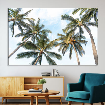 Framed canvas of tall palm trees reaching into a tropical sky, ideal for beach home or relaxed island-inspired wall decor.