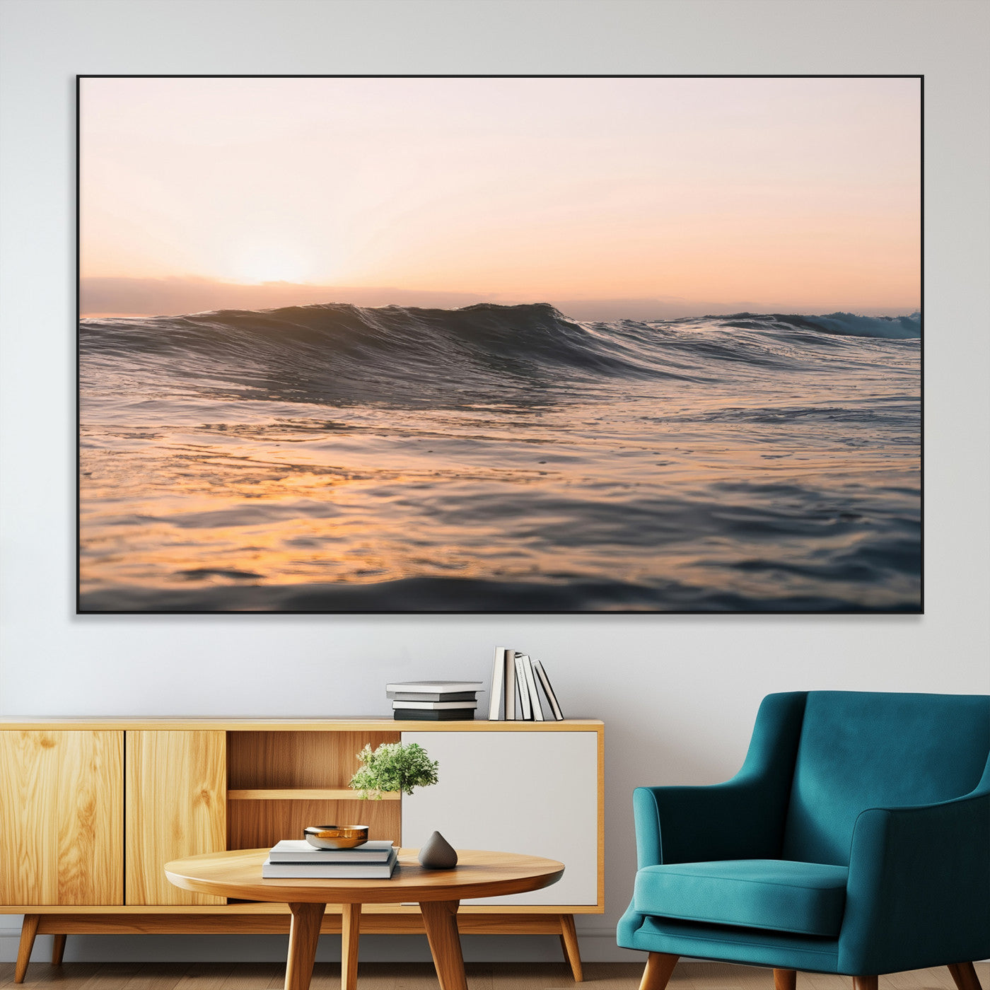 Framed canvas of ocean waves glowing in sunset light, ideal for golden hour calm or peaceful coastal-inspired wall decor.