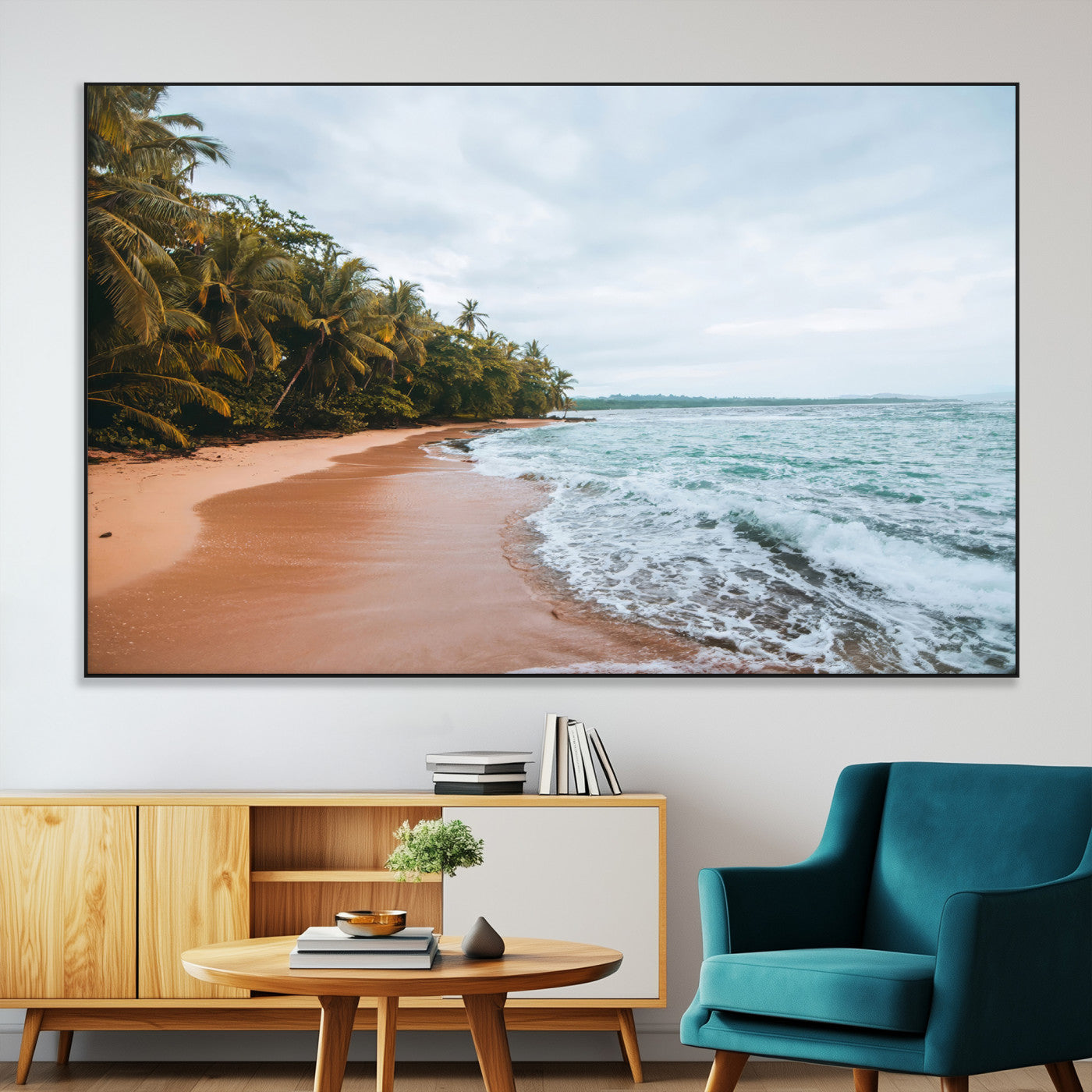Framed canvas of a tropical beach with palm trees and soft waves, ideal for coastal escape or serene nature-inspired home decor.