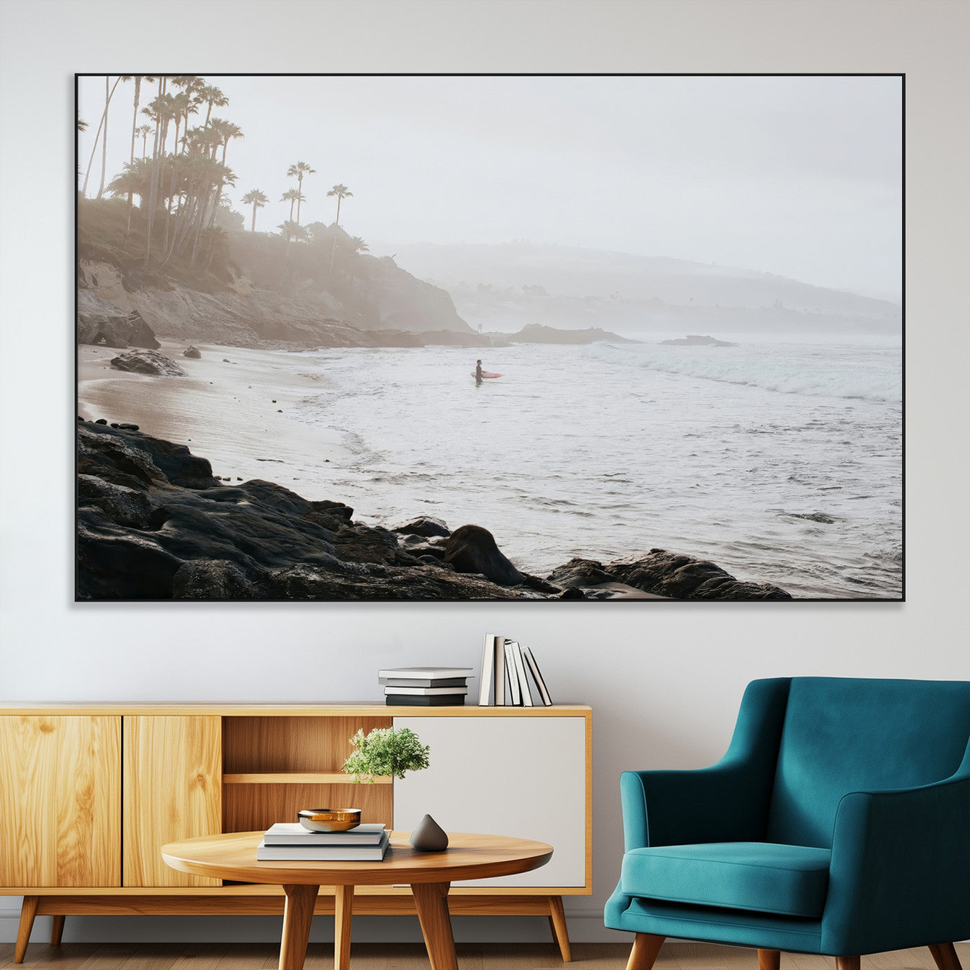 Framed canvas of a surfer in misty coastal tones at a foggy California beach, ideal for minimalist coastal beach or serene ocean-themed decor.