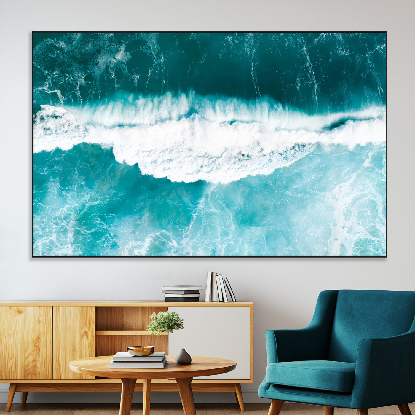 Aerial view of turquoise ocean waves crashing with white foam, perfect for tropical coastal or modern beach-style home decor.