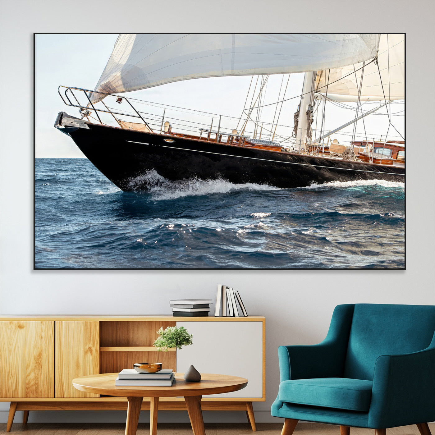 Close-up of a classic sailing yacht with wooden deck and full sails, perfect for nautical or coastal-style decor in ocean-themed spaces.