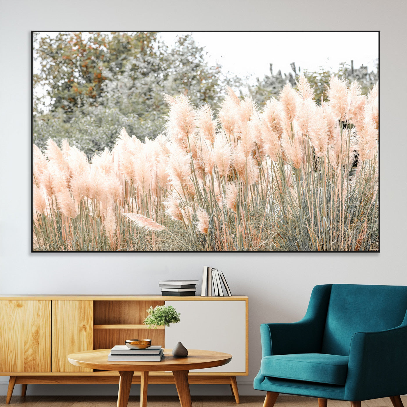Soft pastel pampas grasses in a natural setting, ideal for neutral boho or rustic botanical-style interior wall decoration.