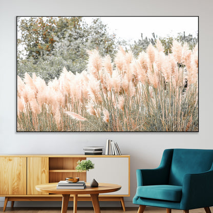 Soft pastel pampas grasses in a natural setting, ideal for neutral boho or rustic botanical-style interior wall decoration.