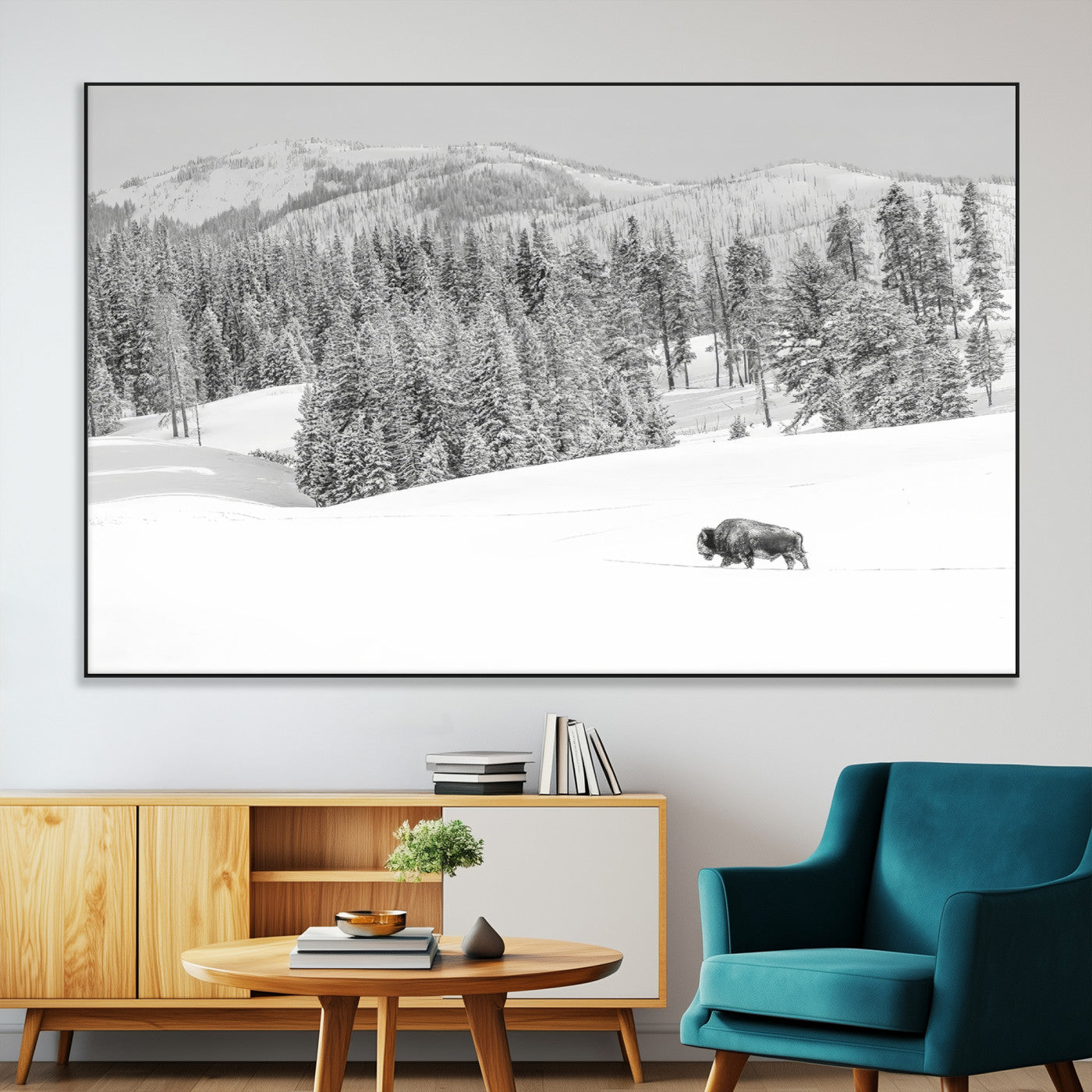 Snowy bison walking through white forest landscape, ideal for monochrome winter or wilderness-style interior wall decoration.