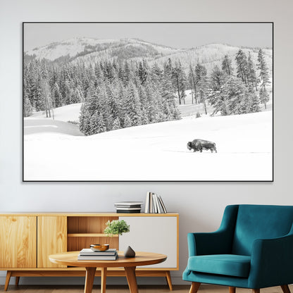 Snowy bison walking through white forest landscape, ideal for monochrome winter or wilderness-style interior wall decoration.