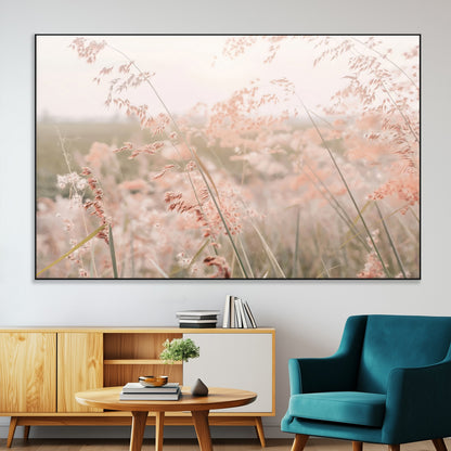 Soft pastel field with wild grasses in warm light, ideal for minimal nature or airy countryside-inspired interior wall decoration.