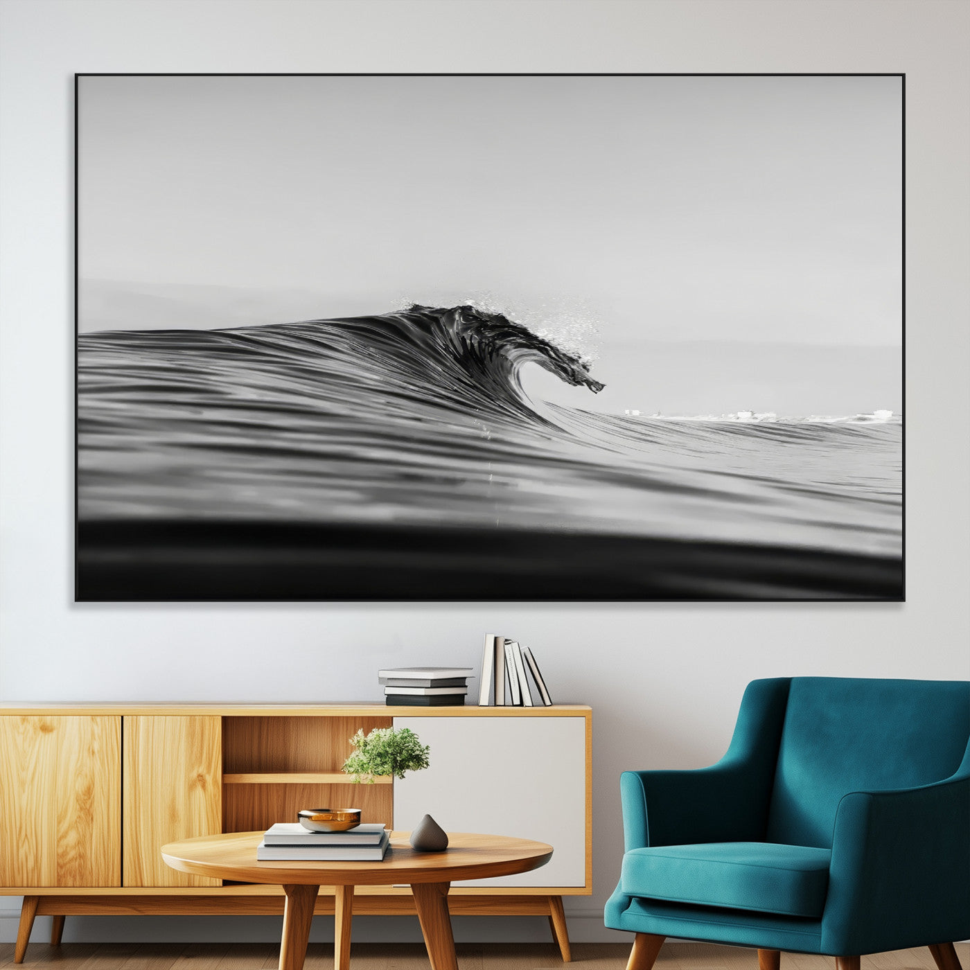Striking black and white photo of a curling wave, ideal for modern coastal or minimalist wall decor settings.