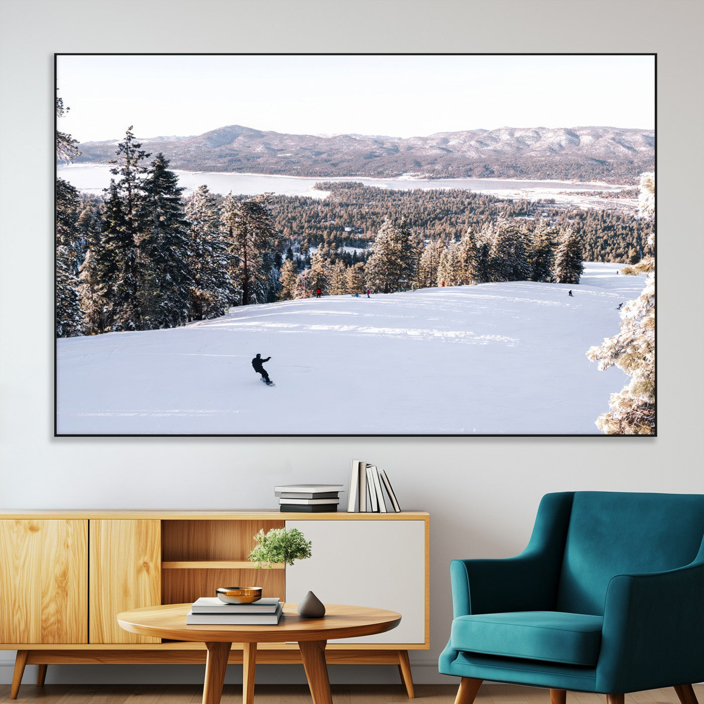Canvas of a snowy mountain ski slope with pine trees and bright winter light, ideal for modern rustic or alpine-inspired home decor.