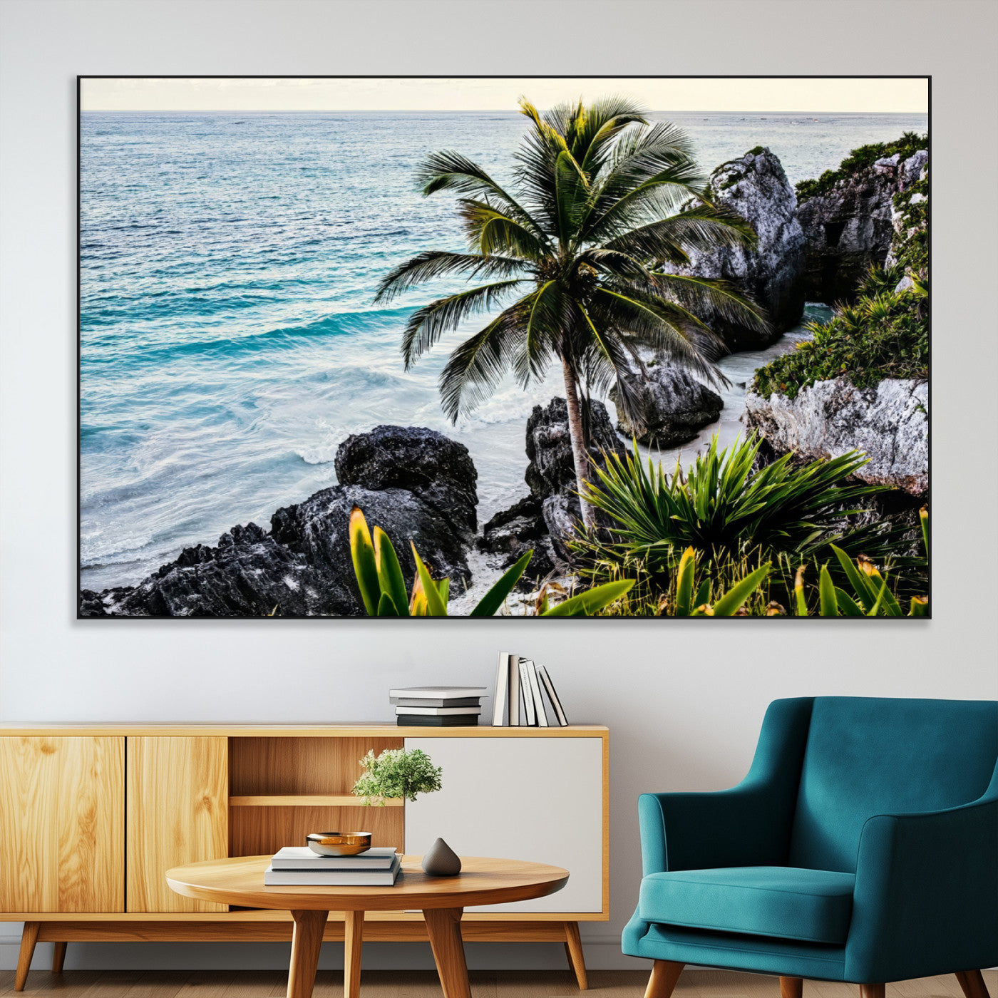 Framed canvas of a vibrant tropical coastline with palm trees, rocky cliffs, and turquoise waters, ideal for tropical coastal home decor.