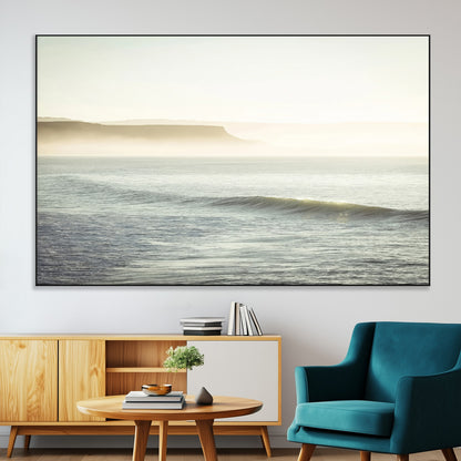 Canvas of a misty ocean scene with coastal cliffs and soft neutral tones, ideal for Scandinavian coastal or minimalist nature-inspired home decor.