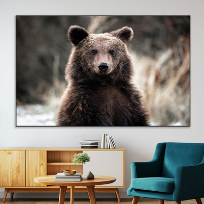 Canvas of a brown bear in soft earthy tones and moody forest light, ideal for rustic cabin or woodland nature-themed home decor.