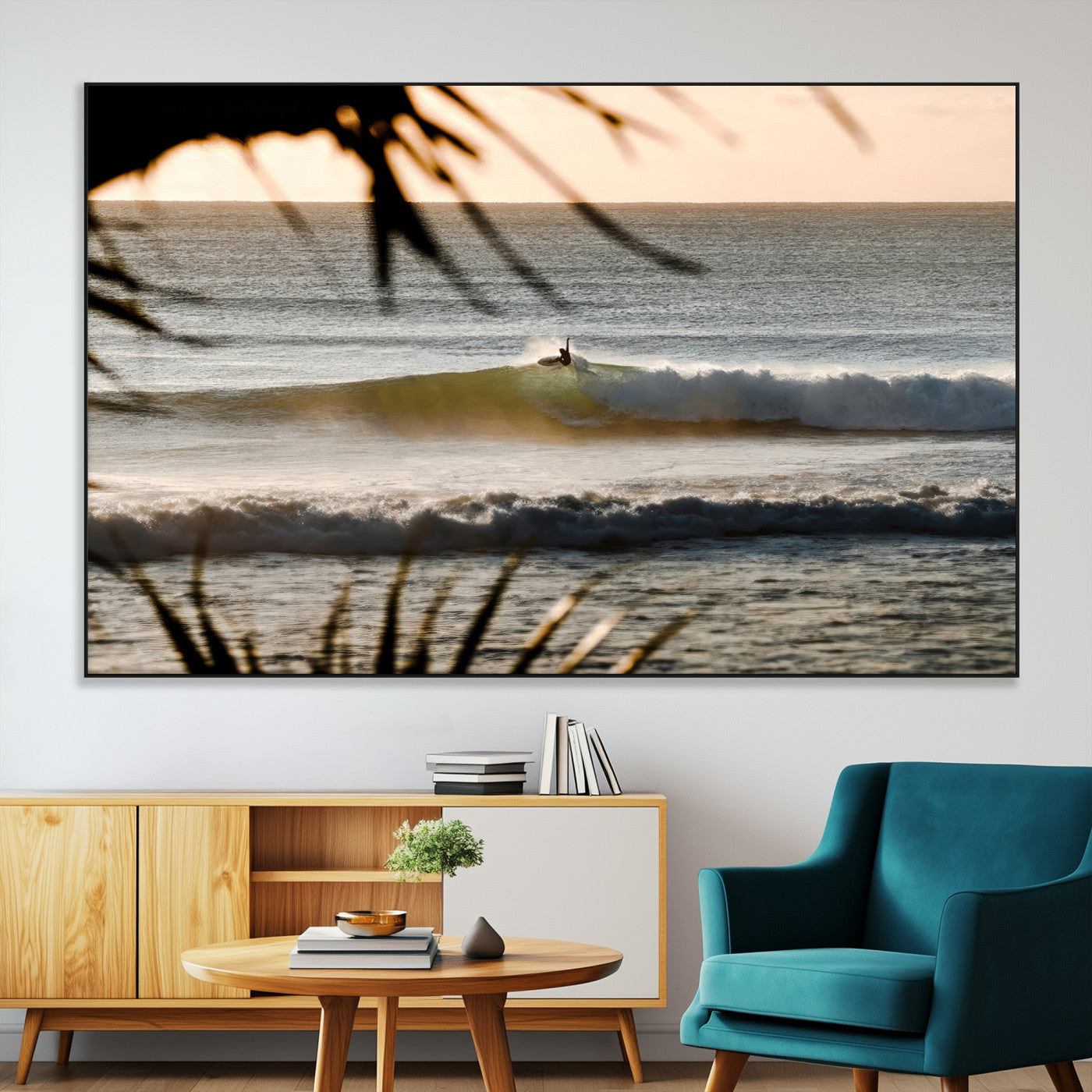 Photo of a surfer riding a golden hour wave at sunset, with tropical tones and dreamy light, perfect for tropical boho or coastal home decor.
