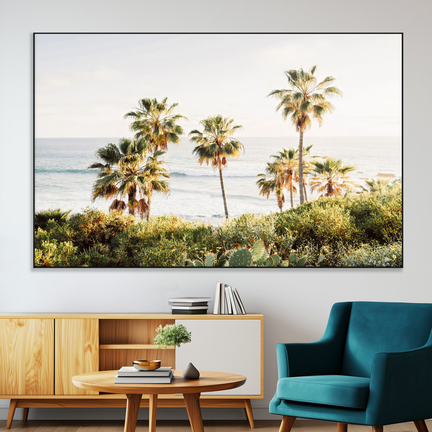 Framed print of sunlit palm trees on the California coast with warm tones, perfect for coastal minimalist or beach-style home decor.