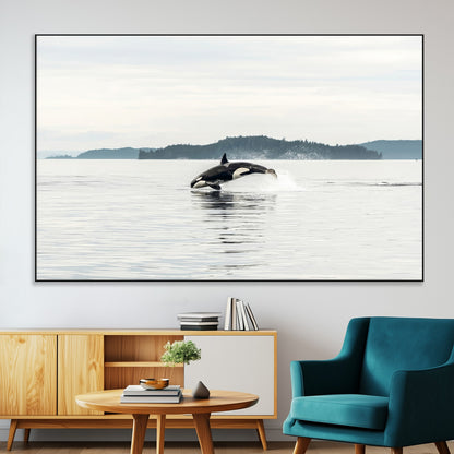 An orca jumping out of calm ocean waters with a misty island in the background, creating a serene and minimalist marine wildlife scene.