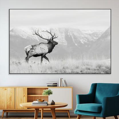 Black and white photograph of a majestic elk standing in a grassy field with snow-capped mountains in the background, creating a bold and rustic wilderness scene.