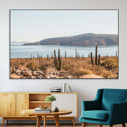 Warm desert landscape with cacti and coastal mountains, perfect for southwestern or earthy calm-themed home wall decor.