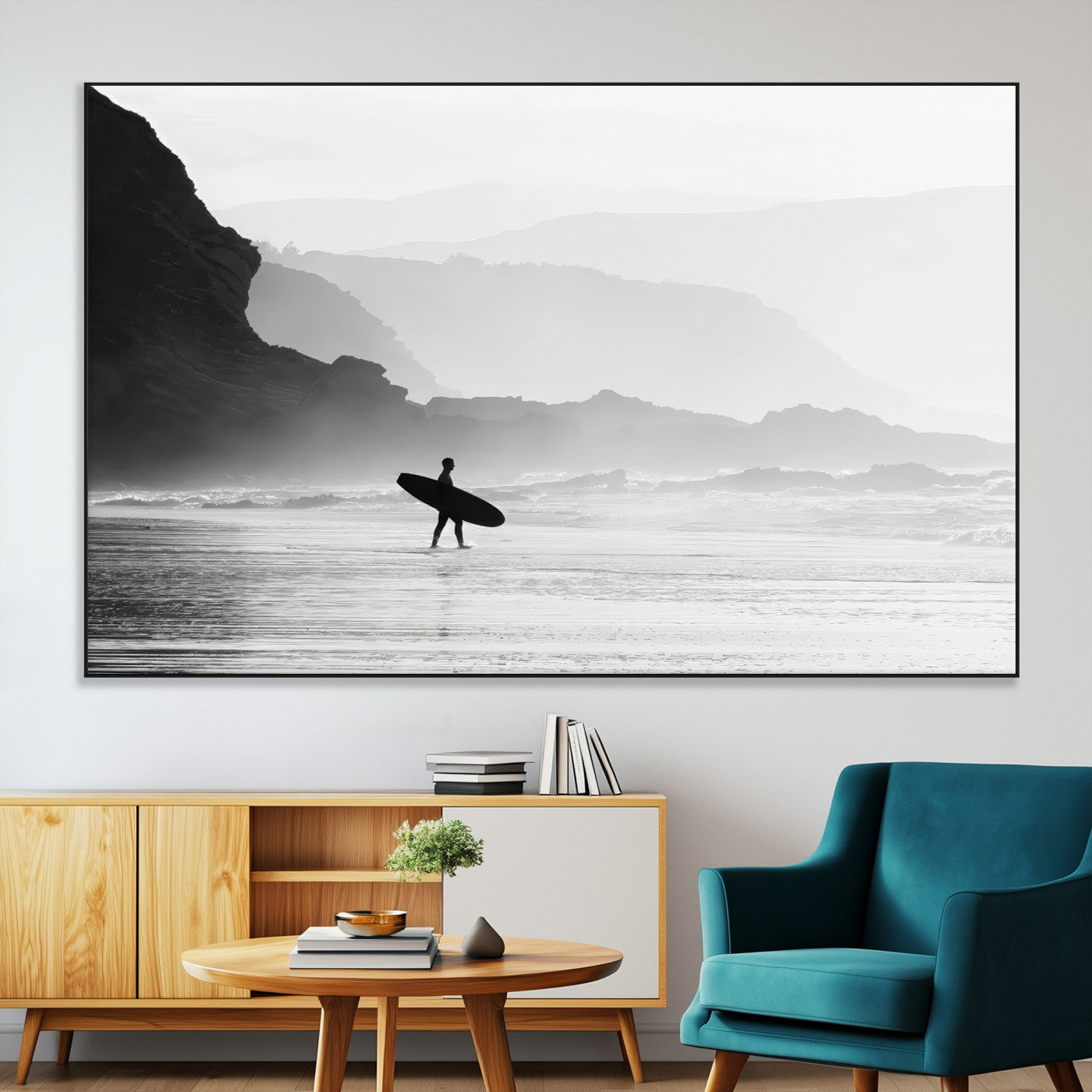 A lone surfer walking along a misty beach with cliffs in the background, carrying their board, capturing a serene and minimal ocean moment.