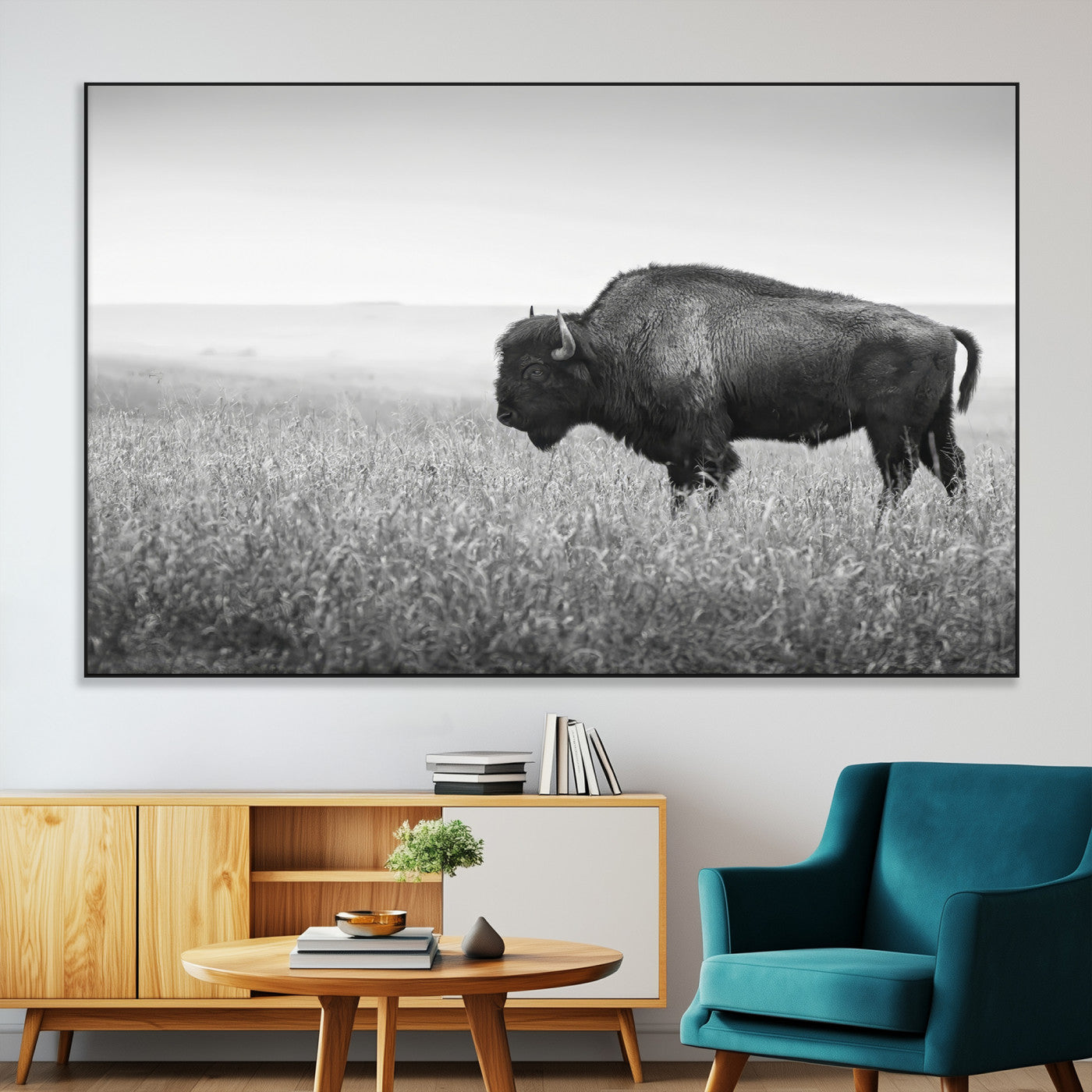 A black and white photograph of a majestic bison standing in a vast grassy prairie, evoking a sense of wilderness and strength.