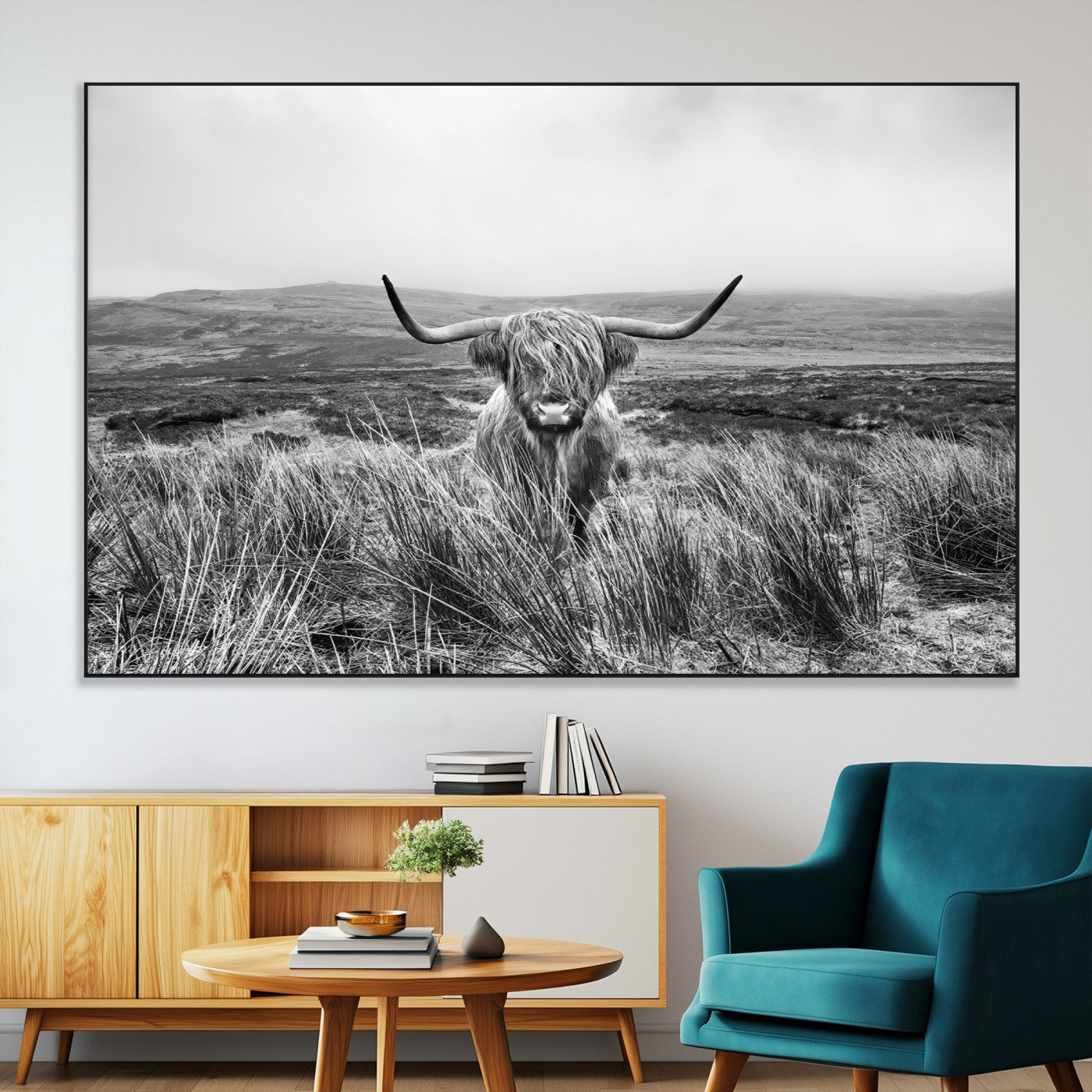 A black and white portrait of a Highland cow in a foggy Scottish countryside, capturing a rustic aesthetic and tranquil farm escape.
