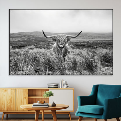A black and white portrait of a Highland cow in a foggy Scottish countryside, capturing a rustic aesthetic and tranquil farm escape.