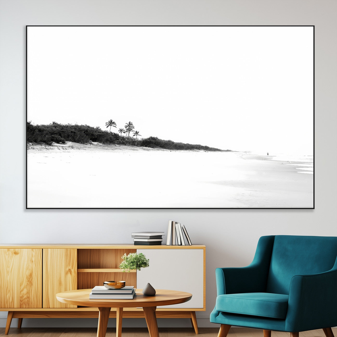 A black and white minimalist coastal scene with a vast open beach, distant palm trees, and a lone figure walking along the shoreline, evoking serenity and solitude.
