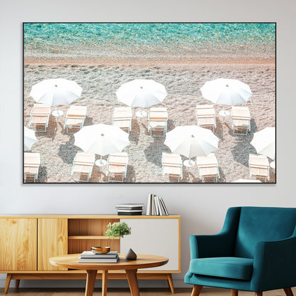 A bright beach scene with white umbrellas, pastel sand, and turquoise waters, creating a tranquil coastal vibe, perfect for beach house or summer decor.