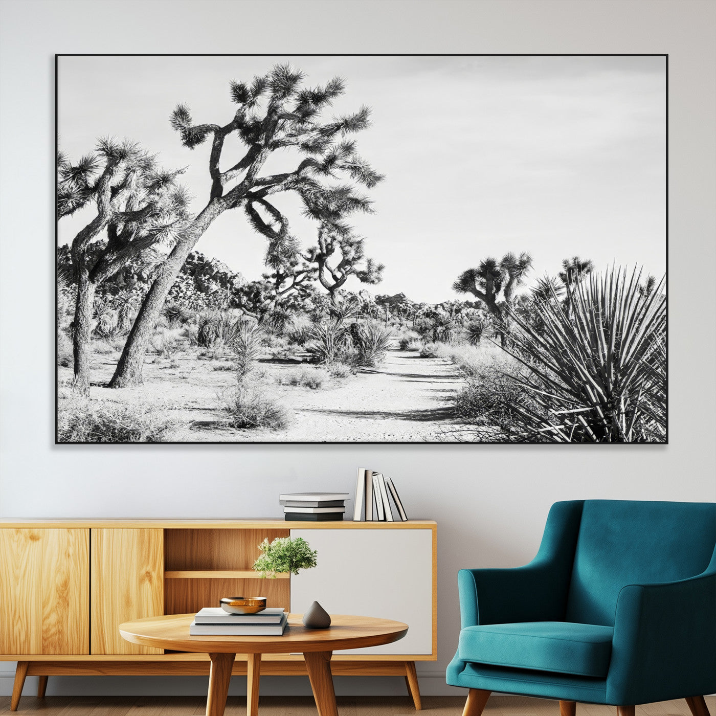 Canvas of a Joshua Tree forest in black and white tones, featuring a desert path and spiky vegetation, ideal for minimalist or rustic decor.