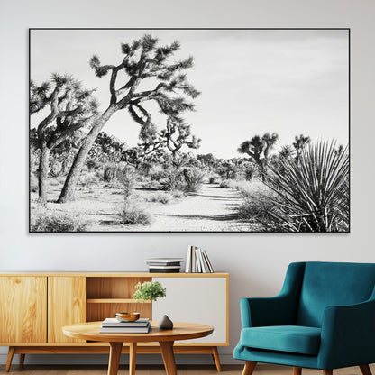 Canvas of a Joshua Tree forest in black and white tones, featuring a desert path and spiky vegetation, ideal for minimalist or rustic decor.