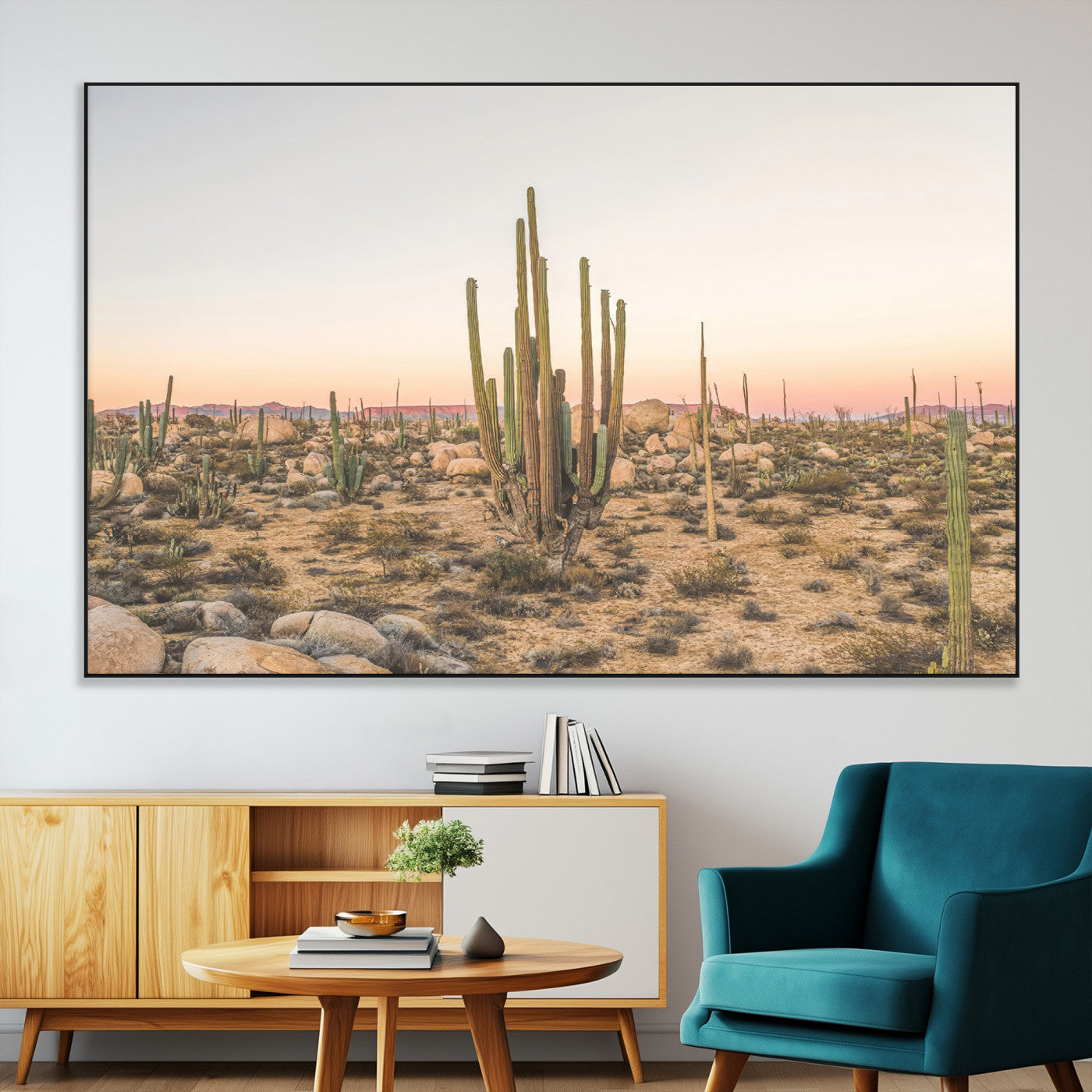 Canvas of tall desert cacti in warm sunset tones over a rocky Baja landscape, ideal for earthy or Southwestern-style home decor.