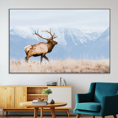An elk walking on snowy grassland with majestic mountains in the background, ideal for rustic lodge or cabin wall decor.