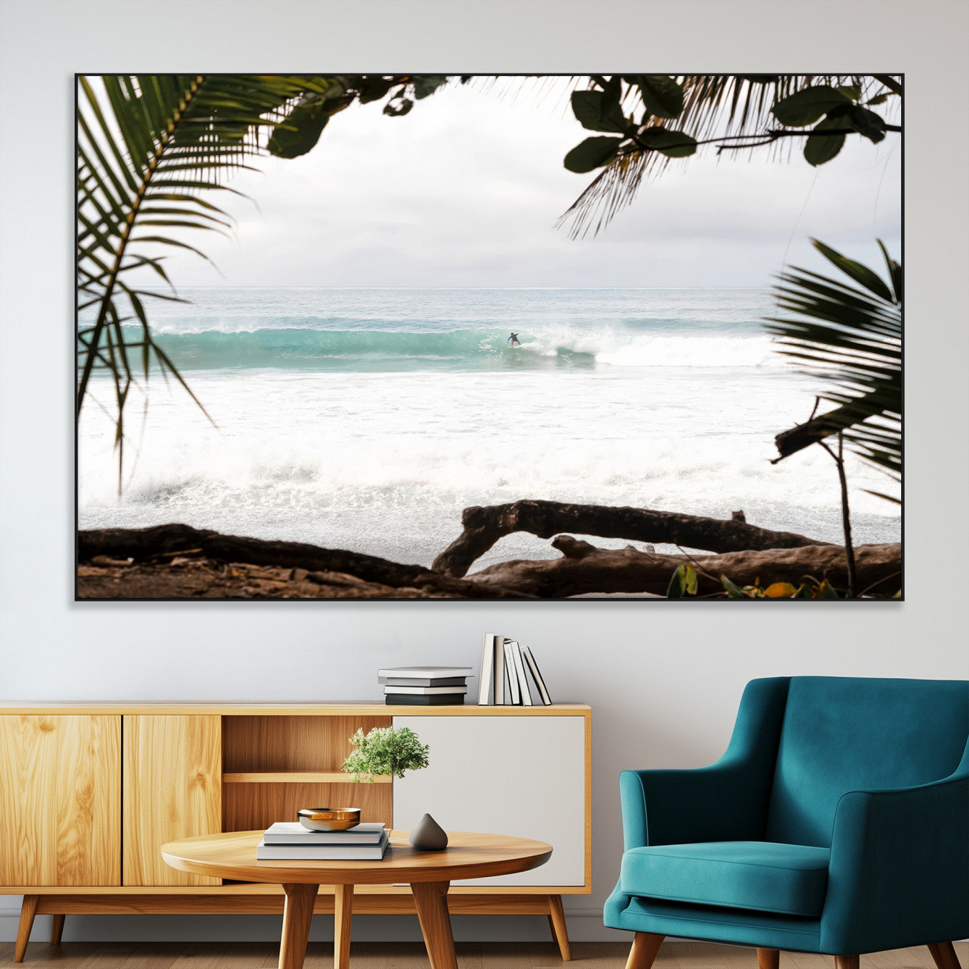 Tropical beach view with palm trees and surfer riding a wave, perfect for boho or coastal-inspired interior wall decor.