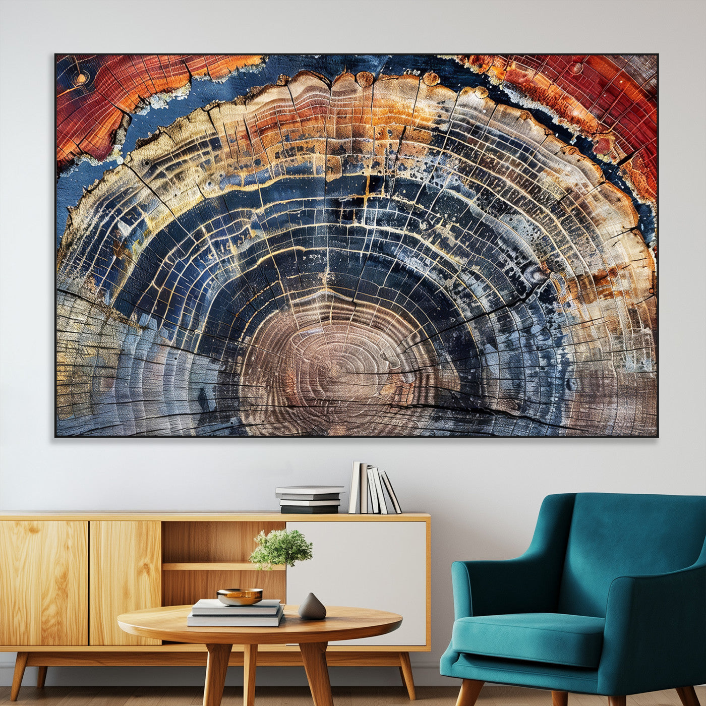 Vibrant tree ring with orange, brown, and blue tones in abstract detail, perfect for rustic or boho-inspired wall decor.