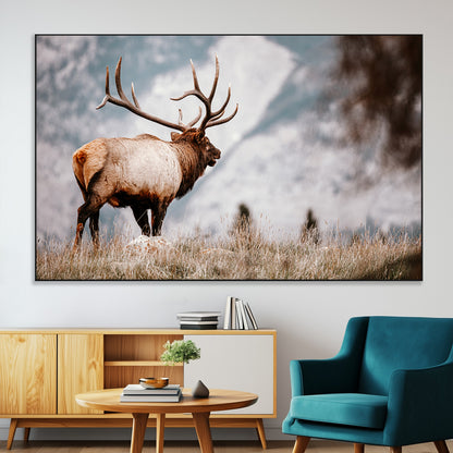 Majestic elk with large antlers standing in grass with snowy mountains in background, perfect for rustic cabin or lodge style decor.