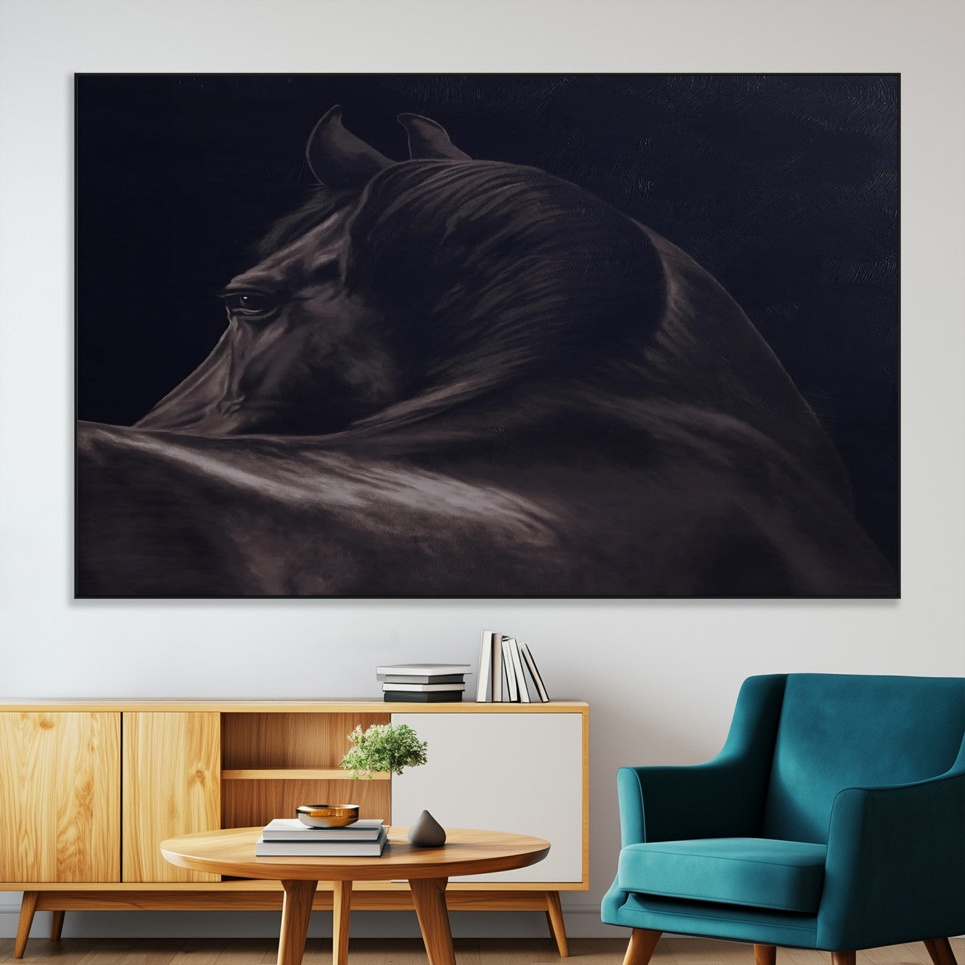 Close-up of a black horse with dramatic lighting on a dark background, perfect for rustic or masculine home decor.
