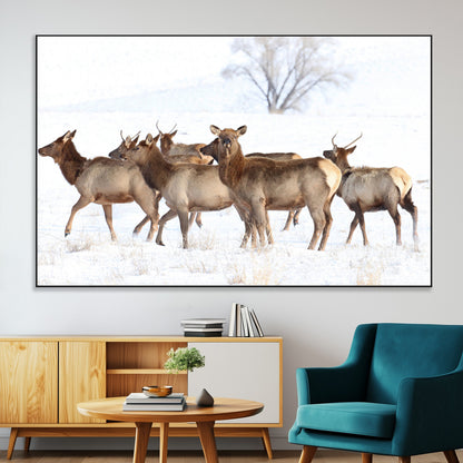 A group of elk standing on snowy terrain with a tree in the background, perfect for rustic or lodge-style winter wall decor.