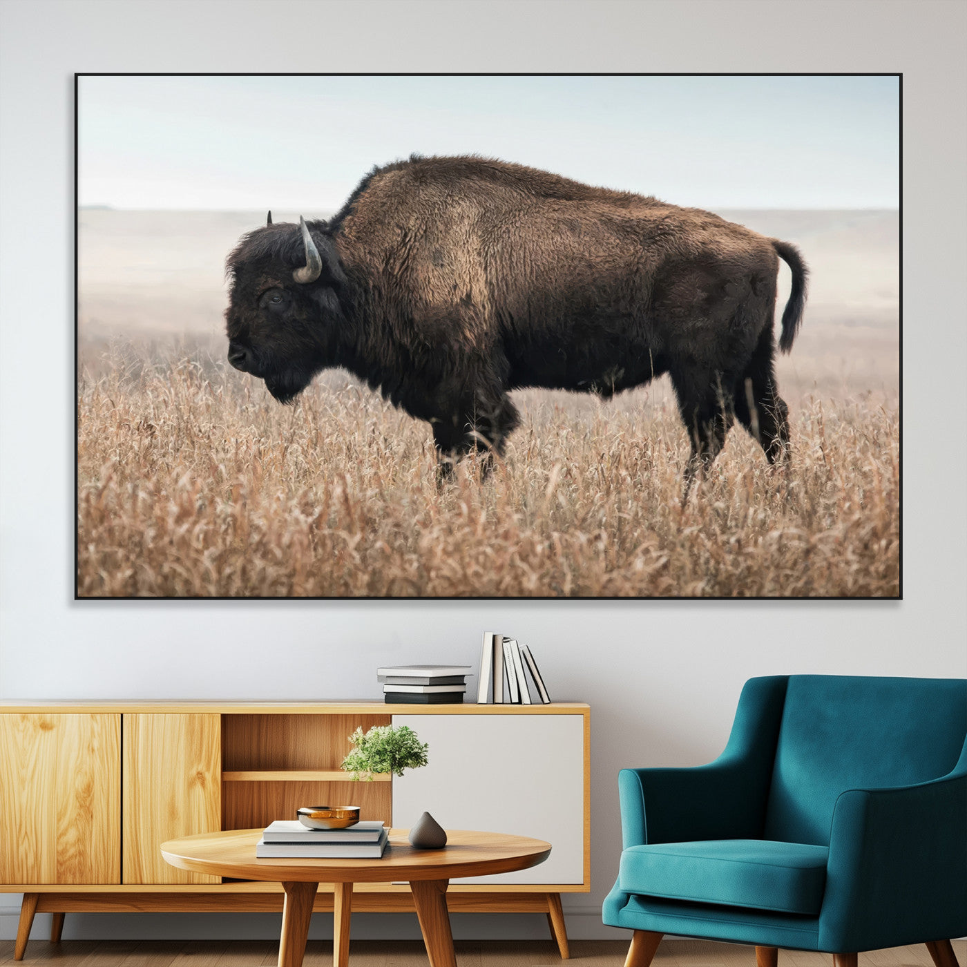 A lone bison stands in a vast prairie under a soft sky, evoking freedom and rustic charm for western or farmhouse inspired interiors.