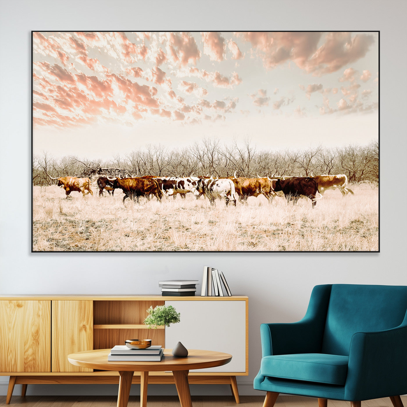 Cattle herd in a soft-toned field under a pastel pink sky, creating a peaceful rustic feel, perfect for farmhouse or western-themed spaces.