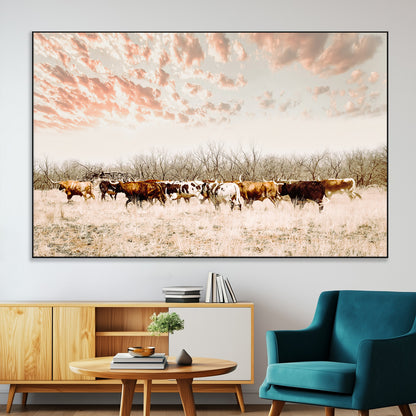 Cattle herd in a soft-toned field under a pastel pink sky, creating a peaceful rustic feel, perfect for farmhouse or western-themed spaces.