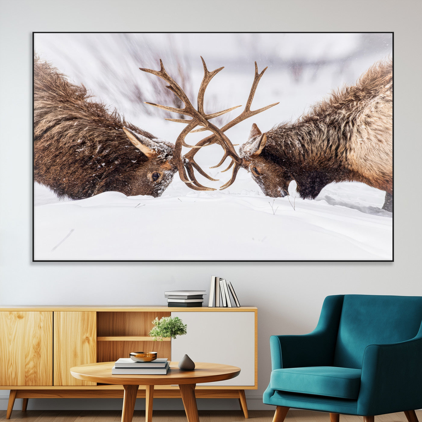Two elk clashing antlers in a snowy forest, capturing raw power and wild energy, ideal for rustic cabin or lodge-style decor.