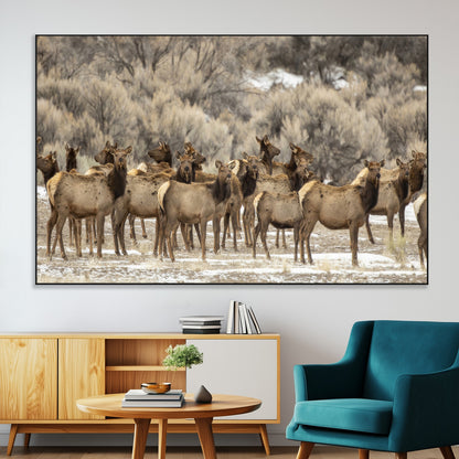 A large herd of elk standing in an open field with soft earthy tones, ideal for rustic lodge or western-themed home wall decor.
