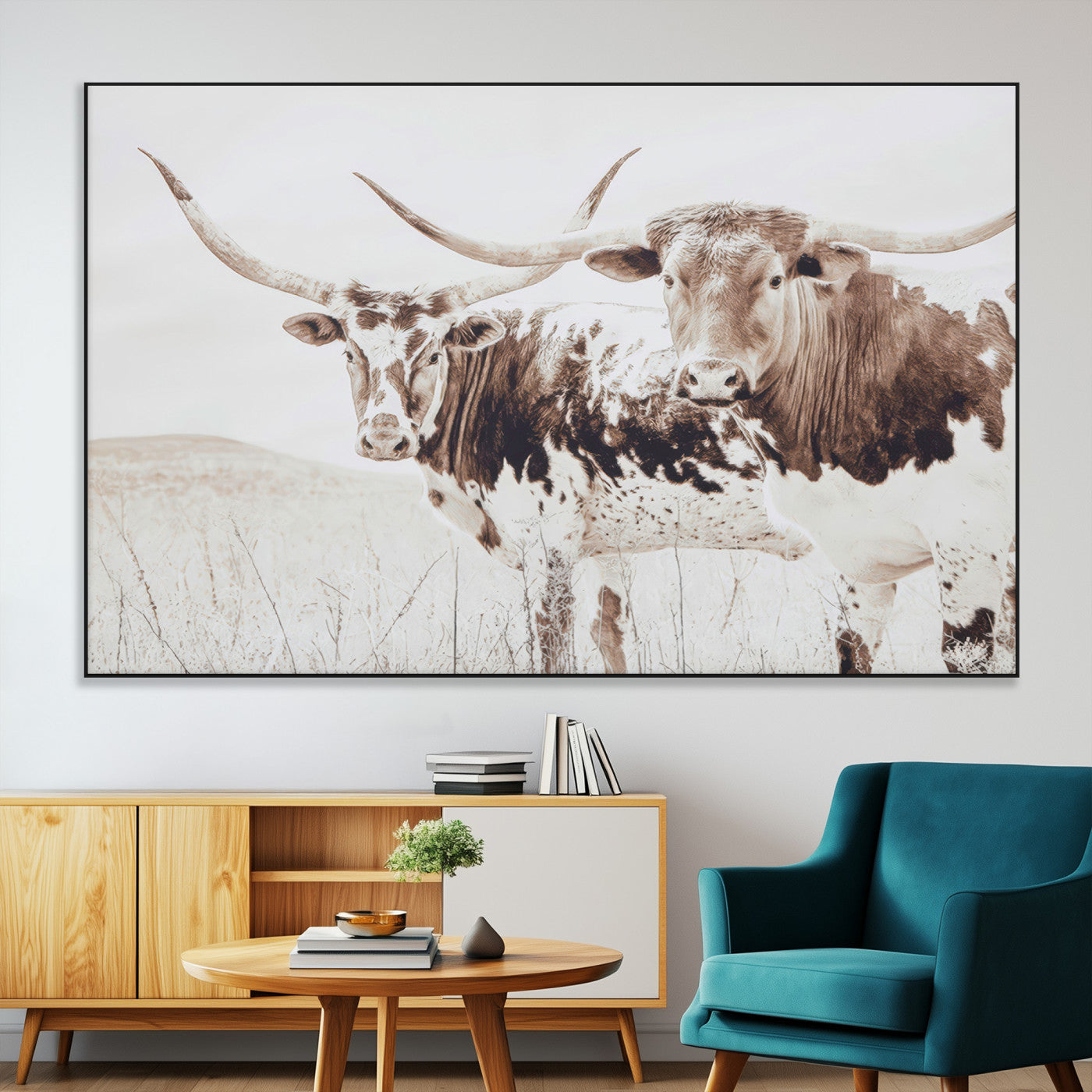 Two longhorn cows standing in a sepia-toned pasture with soft light, ideal for rustic or farmhouse-themed neutral wall decor.
