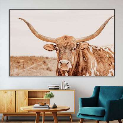 A longhorn bull standing proudly in a sunlit desert field with warm neutral tones, ideal for rustic western or farmhouse interiors.