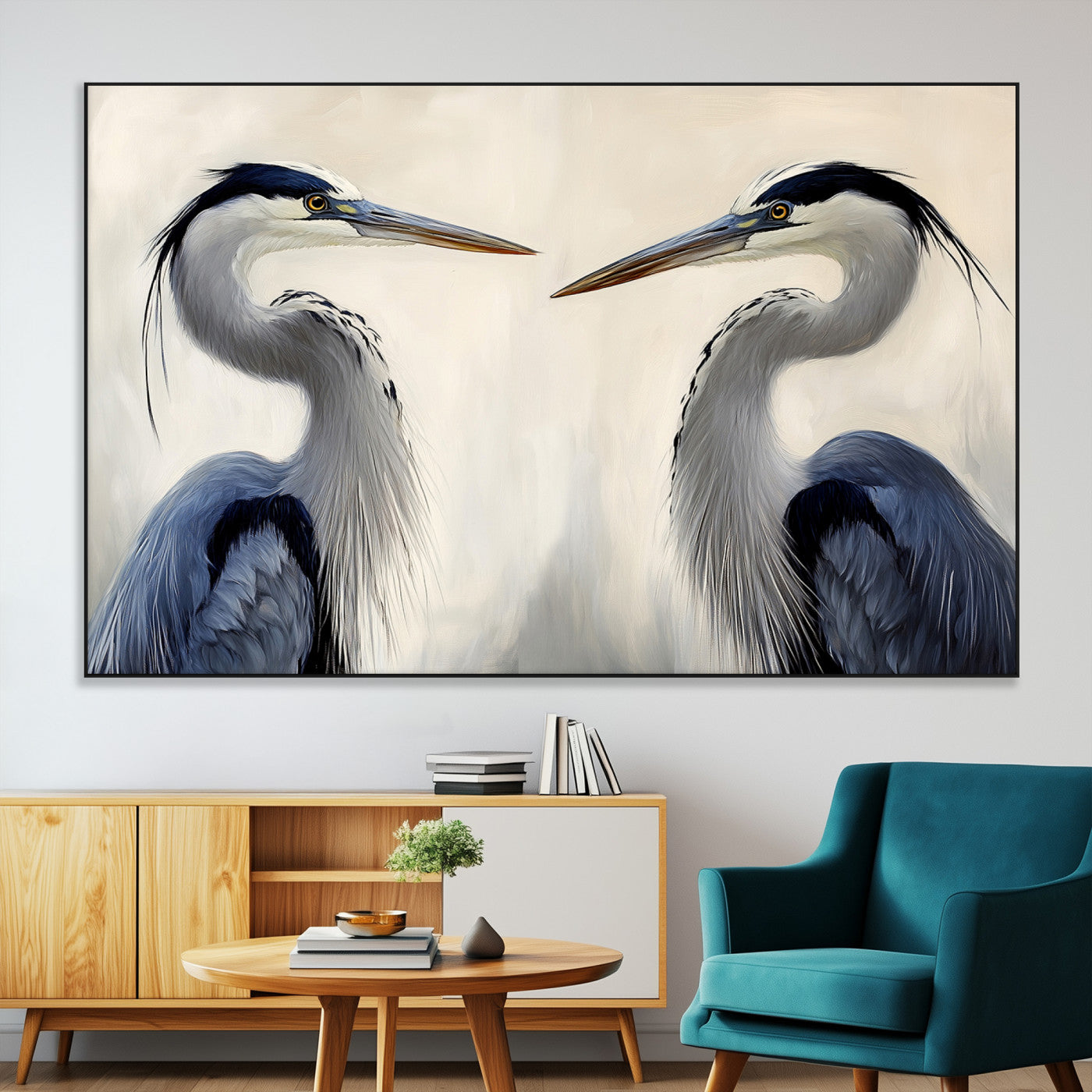 Two blue herons facing each other on a soft neutral background, ideal for coastal, tranquil, or nature-inspired minimalist interiors.
