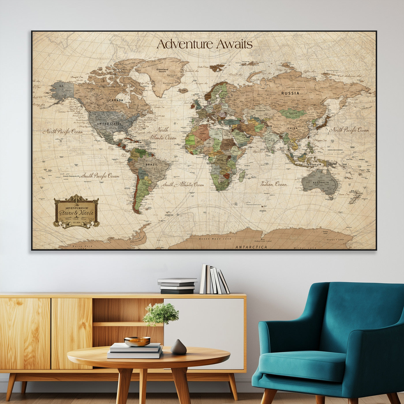 Custom Push Pin World Map Wall Canvas Print – Personalized Travel Tracker with Pins – Framed Custom Quotie Canvas for Home Office Decor