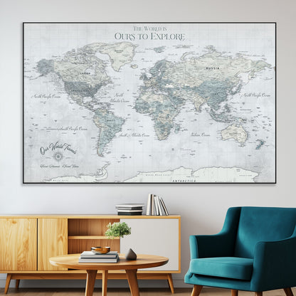 Custom Push Pin World Map Wall Canvas Print – Personalized Travel Tracker with Pins – Framed Custom Quotie Canvas for Home Office Decor