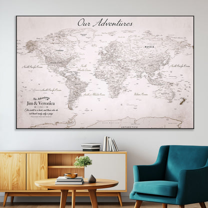 Customize Push Pin World Map Wall Canvas Print – Personalized Travel Map with Foam Pins – Framed Custom Quotie Canvas for Home Office Decor